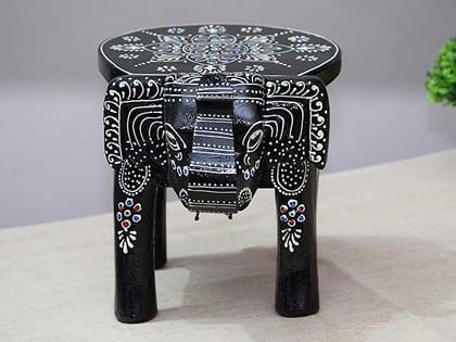 Handcrafted and Emboss Painted Colorful Wooden Elephant Shape Stool Table (8 Inches Height, Black)