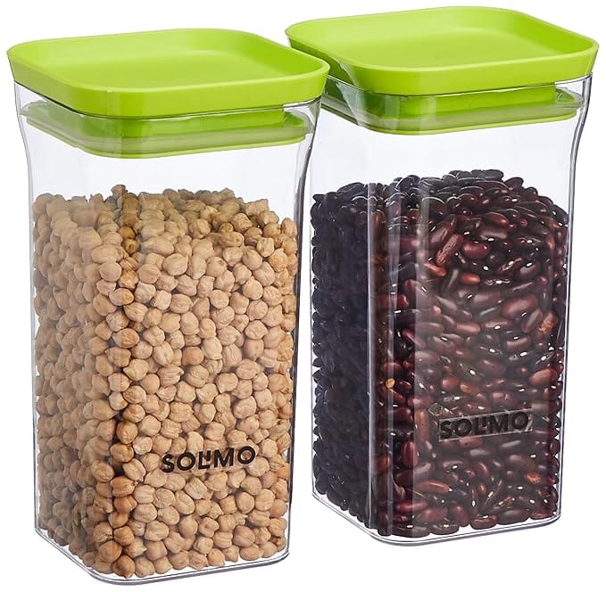 Airtight Food Storage Containers with Square Shape and Green Lids, Set of 2 (1.5L + 2.3L)