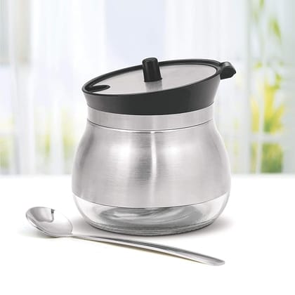 Ghee Dani Stainless Steel Ghee and Oil Pot, Storage Container with Spoon 270 ml, Multipurpose Servings jar, Silver for Kitchen & Dining