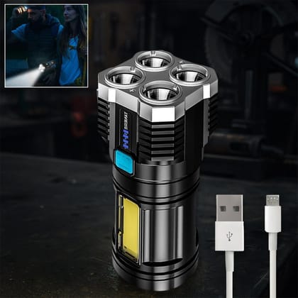 Multifunctional Strong 4 LED Torch Light, Portable Rechargeable Flashlight Long Distance Beam Range 800 Lumens COB Light 4 Mode Emergency for Hiking, Walking, Camping (4 LED Torch)
