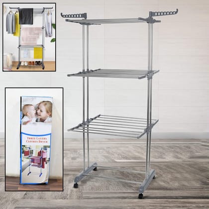 Premium Heavy Duty Stainless Steel 3 Layer Foldable Cloth Drying Stand (1 Set / With Color Box)