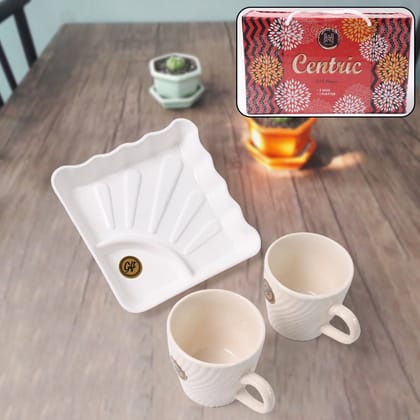 Cerntric Ceramic Tea Cup With Plastic Square Shape Serving Platter Milk Cup 3pc Set | Assorted Colour