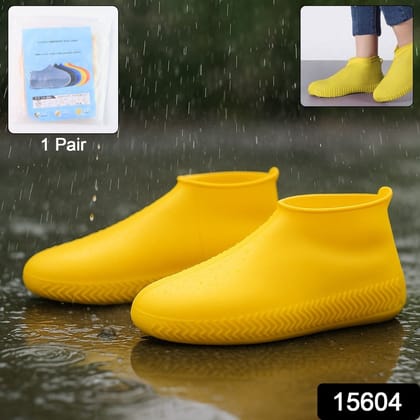Yellow Non-Slip Silicone Rain Reusable Anti skid Waterproof Fordable Boot Shoe Cover (1 Pair )