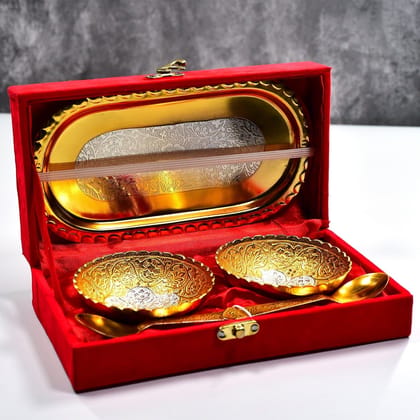 Gold Silver Plated 2 Bowl 2 Spoon Tray Set Brass with Red Velvet Gift Box Serving Dry Fruits Desserts Gift | Assorted Colour
