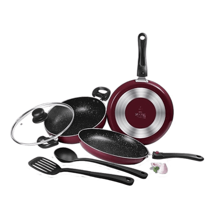 Cook Kitchen Pride Set of 5 Non Stick Cookware | Non Induction I Cooking Pan, Kadhai with Lid, Tawa, Nylon Laddle & Spatula I Peach_assorted colour