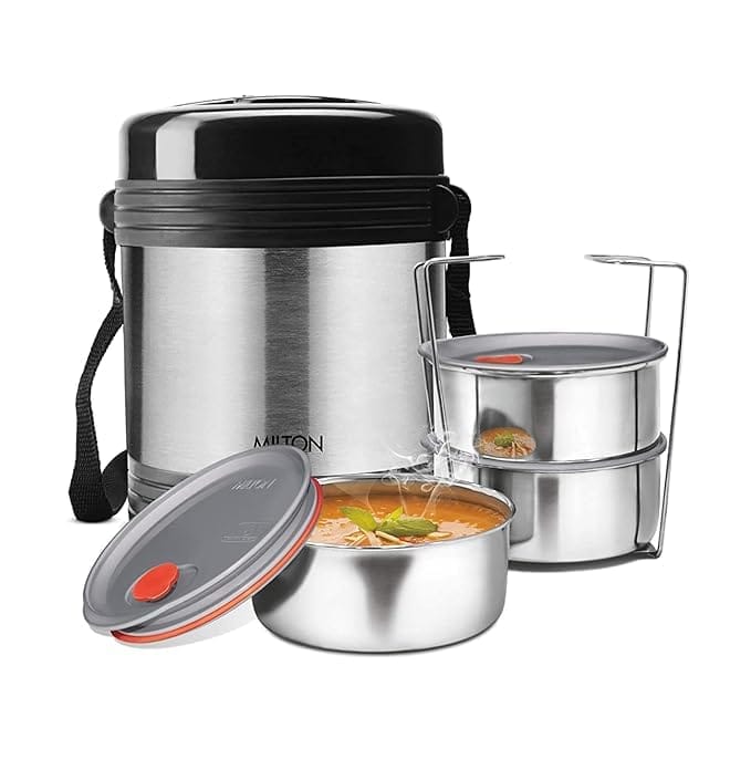 Milton Executive Lunch Box with 3 Stainless Steel Containers and 1 Plastic Container, 1.5 LTR, Black_assorted colour