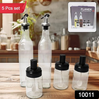 Transparent Glass&nbsp;Oil Dispenser 500 ML Bottle Set of 2, Spice Jar 250 ML Set of 3, Oil Bottle for Kitchen, Oil & Vinegar Storage Glass Bottle, Glass Container for Spice, Masala (5 Pcs Set)