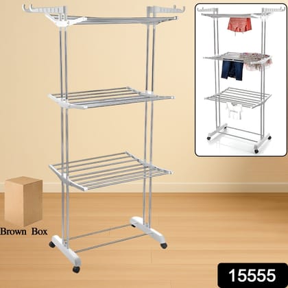 3-Tier Foldable Stainless Steel Cloth Drying Stand with Wheels 3-Tier Foldable Stainless Steel Cloth Drying Stand with Wheels