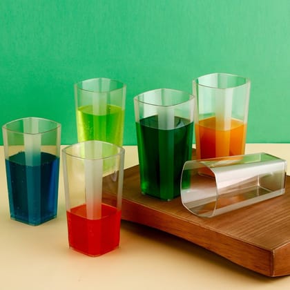 Unbreakable Stylish Transparent Square Design Water / Juice / Beer / Wine Tumbler Plastic Glass Set ( 300 ML, Pack of 6)