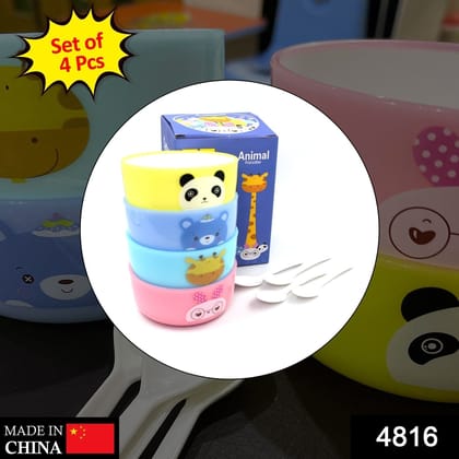 Plastic Animal Cartoon Colorful Bowl set,  4 Pieces Bowl with 4 Spoons for Kids (Assorted Color) | Assorted Colour