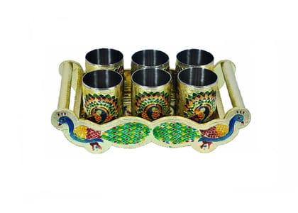 Peacock Design Glass with Handle and Handicraft Serving Tray Set | Assorted Colour