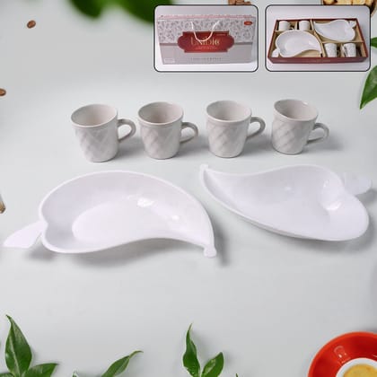 Unibic Ceramic Tea Cups With Plastic Leaf Shape tray / Platter (6 Pcs Set) | Assorted Colour