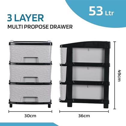3-Layer & 53 Ltr Plastic Drawer Storage Organiser | Modular Kitchen & Toy Organizer For Kids Room | Black & Grey