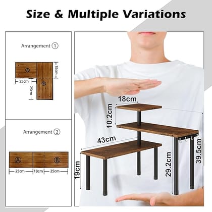 Stylish Wooden Rack for Kitchen Storage, Corner Shelf for Kitchen, Organizer Rack, 3 Tier Spice, Oil Stand, Tabletop Adjustable Rack for Makeup, Office (Rustic Brown, 3 Tier)