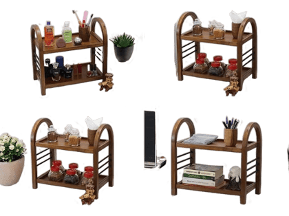 Wooden Organizer Rack Stand for Kitchen, Bathroom, Countertop & Office | Mango Wood & Iron Storage Shelf with Dual Shelves for Spices, Toiletries, Books & Decor | 45.5 x 27 x 45 cm