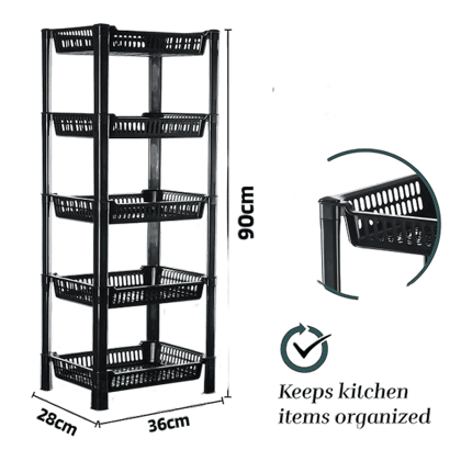 5-Layer Multipurpose Kitchen Organizer/Storage Rack | Onion Stand For Kitchen | Vessels & Vegetable Organiser | Black