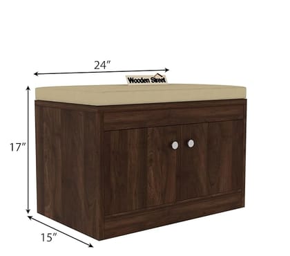 Wooden Street Anton Shoe Rack with Cushion Seat | Engineered Wood Horizontal 2 Doors Shoe Cabinet with Seat (24 L x 15 W x 17 H Inches) | Columbian Walnut Finish with 1 Year Warranty