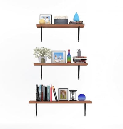 Mighty Home Wall Mounted Wooden Shelf | Floating Shelf with Black Metal Frame | Wall Shelf for Books, Plants & Home Decor | Modern Wall Rack for Living Room & Office | 3 Layer | Brown