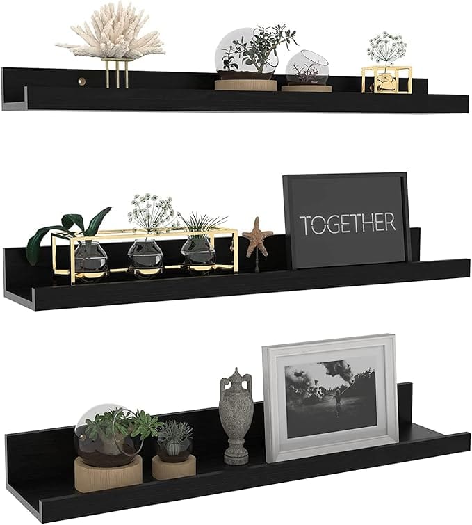 Wooden Wall Shelves for Living Room, Bedroom | Wall Mounted Shelf | Wall Hanging Storage Unit | Wall Organiser Shelf (Ledge - Set of 3 - Black - 24 Inch)