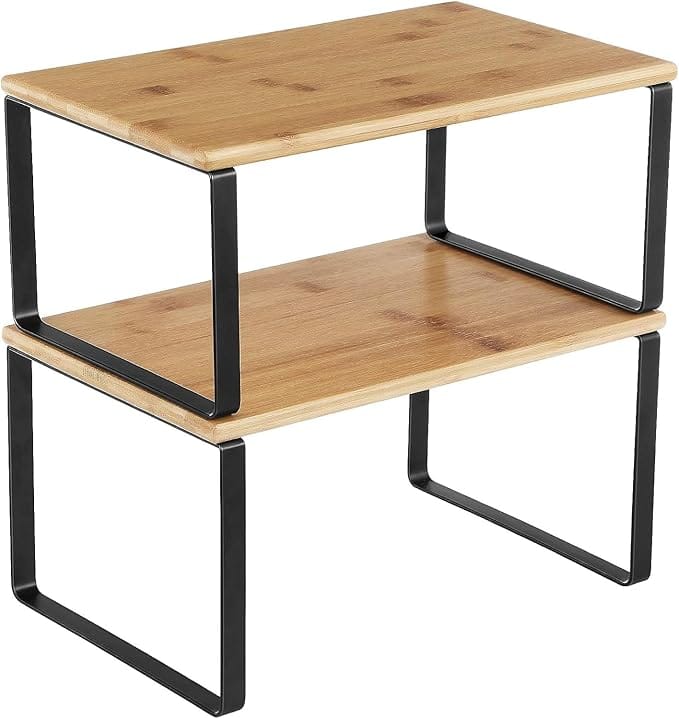 Industries Cabinet Organizer Shelf, Set of 2 Kitchen Counter Shelves, Kitchen Storage, Spice Rack, Stackable, Expandable, Metal and Engineered Wood, Black and Natural (Wooden)