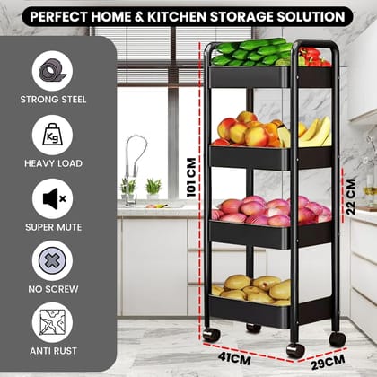 Black 4-Tier Metal Rolling Utility Cart for Kitchen, Bathroom, Home Storage