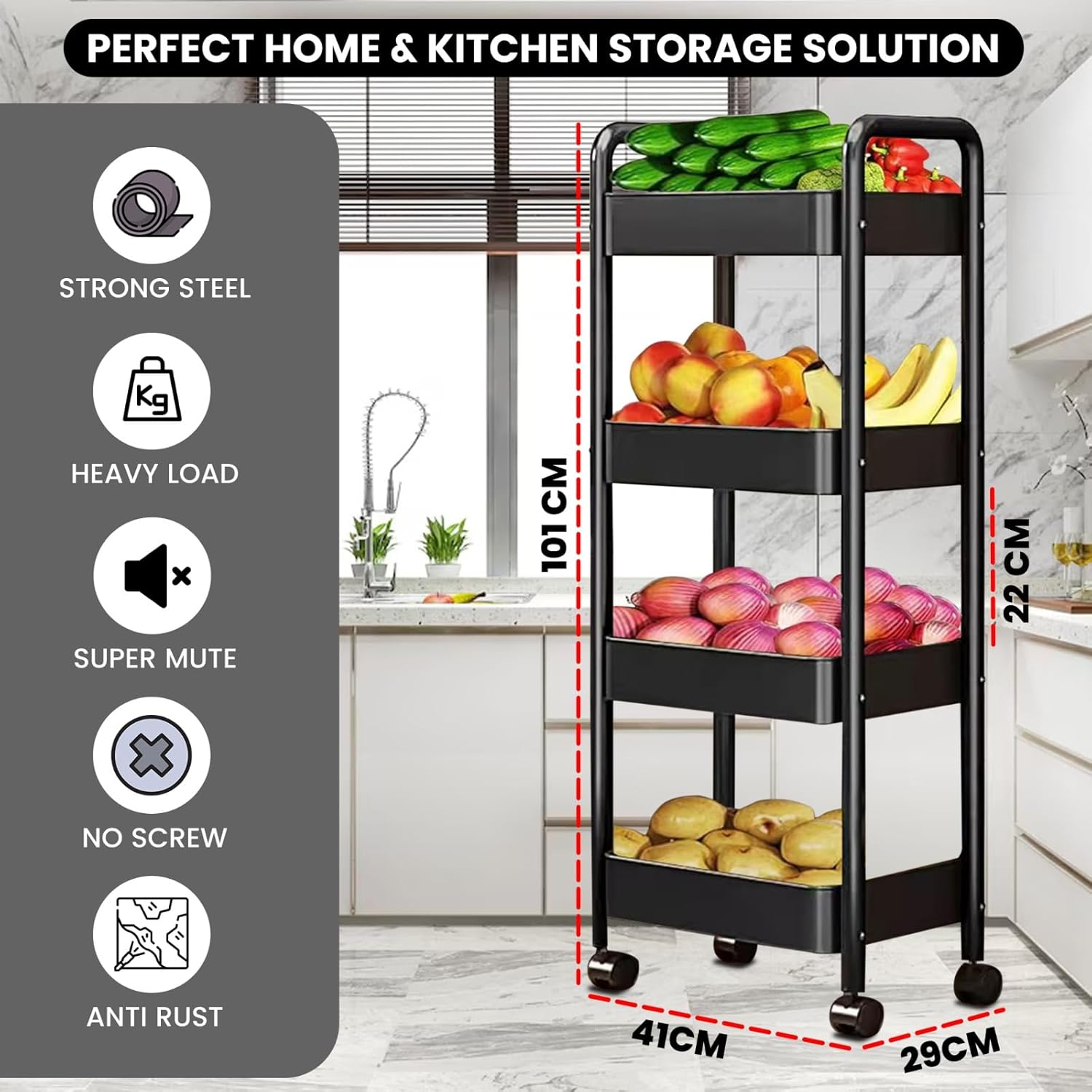 Black 4-Tier Metal Rolling Utility Cart for Kitchen, Bathroom, Home Storage