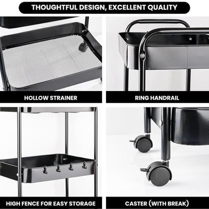 Black 4-Tier Metal Rolling Utility Cart for Kitchen, Bathroom, Home Storage