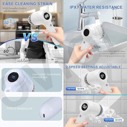 5 in 1 Bathroom Cleaning Brush Electric Cleaning Scrubber LED Display Dual Speed Multifunctional Electric Cleaning Brush Electric Spin Scrubber House Cleaning Machine (5 in 1 Handheld)