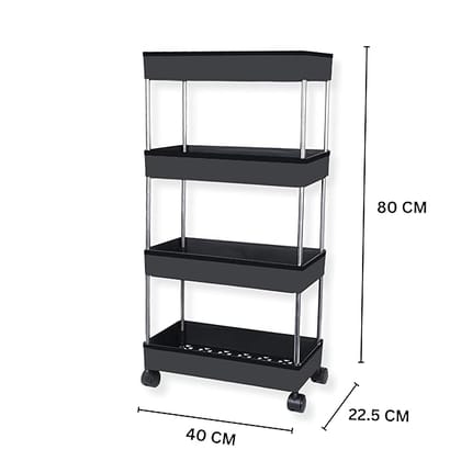  Plastic Kitchen Storage Trolley Rack with Wheels, Slide Out Storage Shelves Space Saving Home Storage Organizer Racks, Rolling Utility Cart (Black, 4 Layer)