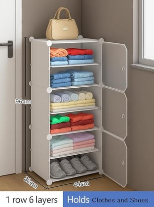 Portable Wardrobe Organizer Rack for Clothes Storage | Foldable DIY Plastic Cupboard with 3 Doors | Multipurpose Almirah for Bedroom, Living Room & Kids Room - White