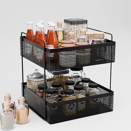 2-Tier Metal Square Kitchen Rack Stand Organiser | Countertop Organizer Kitchen Bathroom Standing Rack | Spice, Oil, Masala, Cosmetics & Bathroom Vanity Storage Rack Shelf | Black