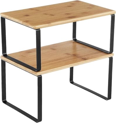  Cabinet Organizer Shelf, Set of 2 Kitchen Counter Shelves, Kitchen Storage, Spice Rack, Stackable, Expandable, Metal and Engineered Wood, Black and Natural (Wooden)