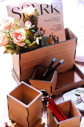 Wooden Desk Organizer/Stationary Items for office/Remote & Pen Stand/Office Stationary Stand (Brown)_assorted colour
