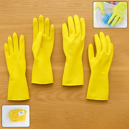 2 pair med yellow gloves For Types Of Purposes Like Washing Utensils, Gardening And Cleaning Toilet Etc.