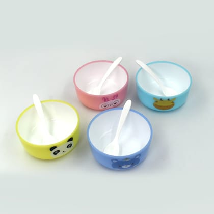 Plastic Animal Cartoon Colorful Bowl set,  4 Pieces Bowl with 4 Spoons for Kids (Assorted Color) | Assorted Colour