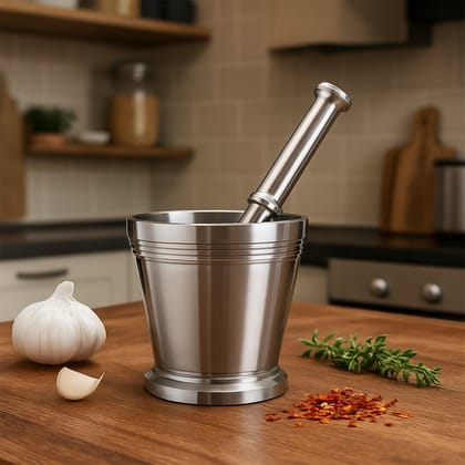 Heavy Duty Stainless Steel Mortar and Pestle Set for Kitchen, Khalbatta Set (2 Pc Set)