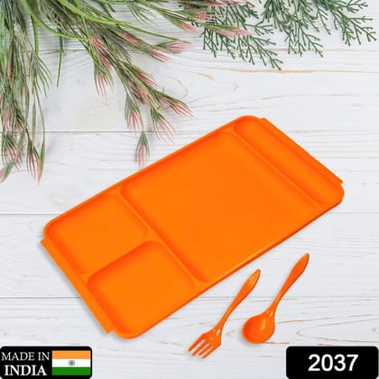 4-Compartment Plastic Dish Set with Spoon & Fork – Versatile Dinner & Pav Bhaji Plate | Assorted Colour
