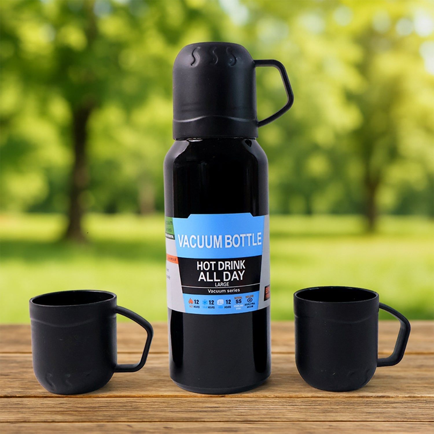 Black Vacuum Flask Set – Stainless Steel Thermos with 3 Cups, Approx 500ml