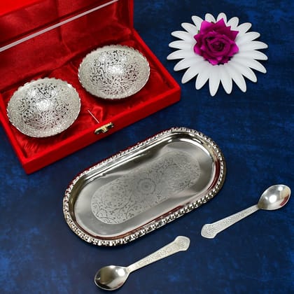 Silver-Plated Brass Bowl & Spoon Set with Velvet Gift Box | Assorted Colour