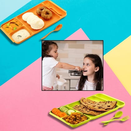 4-Compartment Plastic Dish Set with Spoon & Fork – Versatile Dinner & Pav Bhaji Plate | Assorted Colour