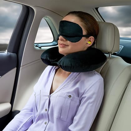 8512&nbsp;3 in 1 Comfortable Travel Sleeping Kit, Neck Pillow, Eye Mask & Ear Plug Set Inflatable Plane Sleeping Pillow Head Neck Support Pillows for Travel Airplane Office, Black
