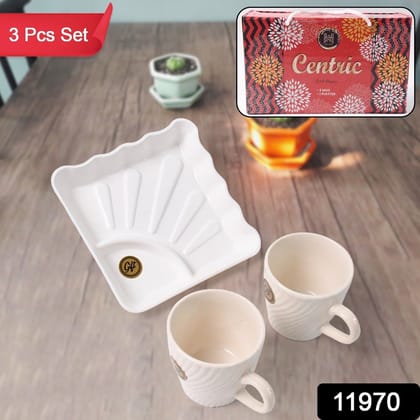 Cerntric Ceramic Tea Cup With Plastic Square Shape Serving Platter Milk Cup 3pc Set | Assorted Colour