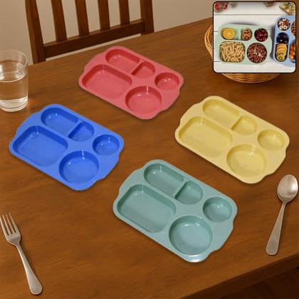 Divided Plates, 5 Compartments 32 CM Split Plates, Shatterproof Separating Plates For Kids And Adults, Microwave and Dishwasher Tableware Set, Multi-Colour, Modern (4 Pc Set) | Assorted Colour