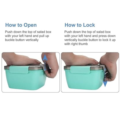 The image shows a plastic food container with a salad, chicken, and vegetables. The container is divided into three compartments, and it has a lid with a spoon. The product title could be "Three Compartment Lunch Container with Lid and Spoon".