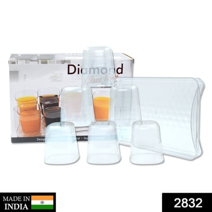 6pc Glasses Set With tray Stylish Transparent Water Glass / Juice Glass / Beer Glass / Wine Glass Plastic Glass Set | Assorted Colour