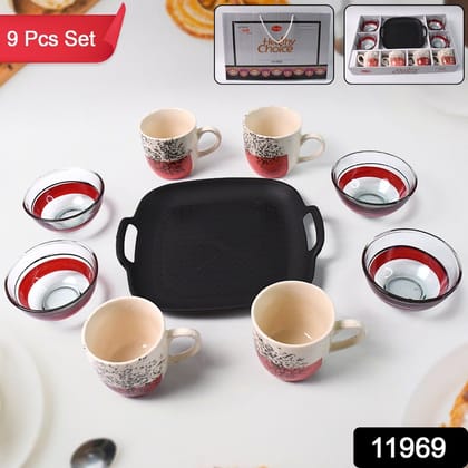 Healthy Choice Set Of 4pc Ceramic Cup And 4pc Glass Bowl With Plastic Plate (9 Pcs Set) | Assorted Colour