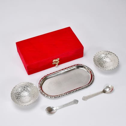 Silver-Plated Brass Bowl & Spoon Set with Velvet Gift Box | Assorted Colour