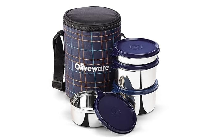 Lunch Box, 100% Leak Proof, 4 Stainless Steel Containers with BPA Free Airtight Lids (300ml, 450ml & 2x600ml) (Blue)_assorted colour