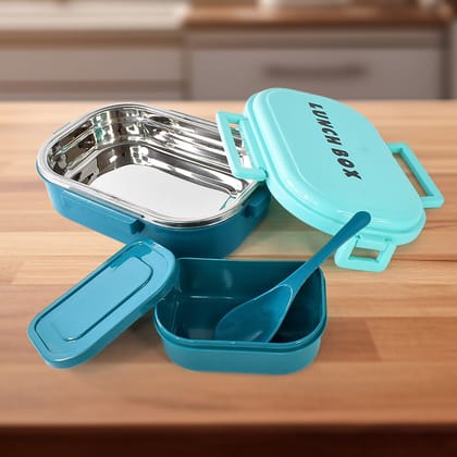 3 in 1 Spicy Bite Stainless Steel Lunch Box With Plastic Small Box & Spoon (1 Set) 3 in 1 Spicy Bite Stainless Steel Lunch Box With Plastic Small Box & Spoon (1 Set)