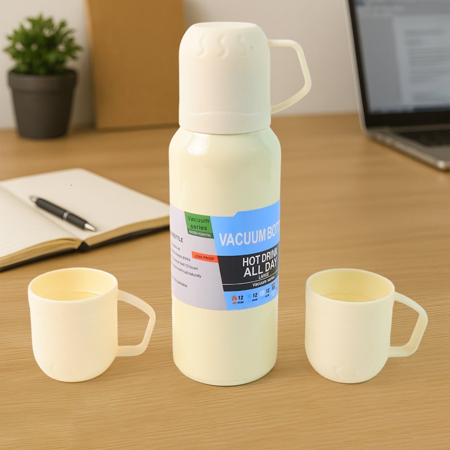 White Vacuum Flask Set – Stainless Steel Thermos with 3 Cups, Approx 500ml